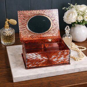 Vintage Lucite Jewelry Box with Mirror, Starburst Amber Acrylic Trinket Box